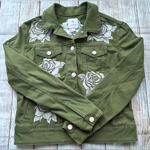 LuLaRoe “Harvey Green Floral Print Denim Jacket”